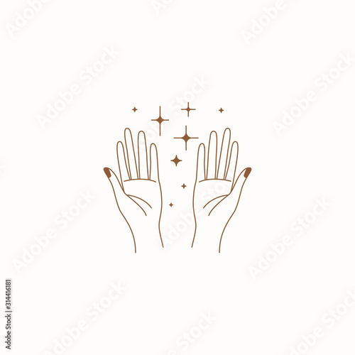 Vector abstract logo design template in trendy linear minimal style - hand with stars - symbol for cosmetics, jewellery, beauty products