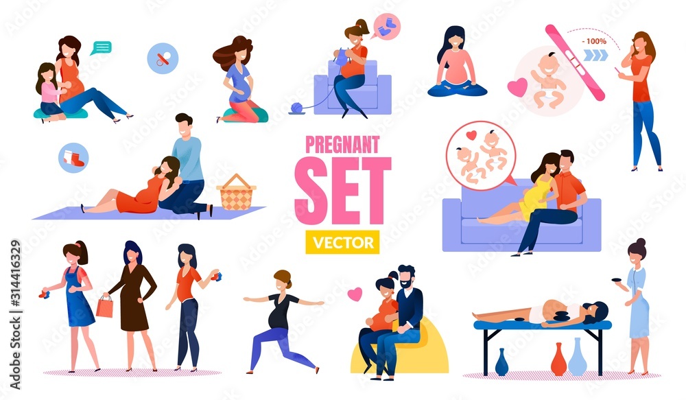 Pregnant Woman Character in Various Situation, Happy and Active Pregnancy Scenes Trendy Flat Vector Set Isolated on White Background. Woman Waiting Childbirth, Preparing for Maternity Illustration