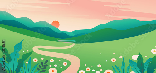 Vector illustration in flat simple style  with copy space for text - summer landscape with natural scene - gradient hills - abstract background or wallpaper for banner, greeting card, wallpaper