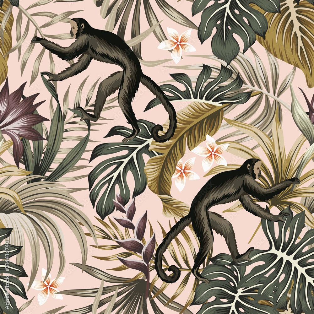 Tropical vintage wild animal monkey, plumeria flower, strelitzia, palm  leaves floral seamless pattern pink background. Exotic jungle wallpaper.  Stock Vector | Adobe Stock