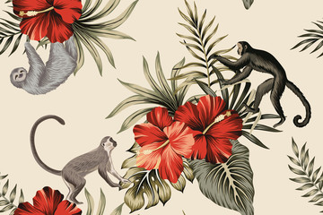 Fotobehang Hibiscus patronen Vintage aap hibiscus palmbladeren ivoor  © good_mood