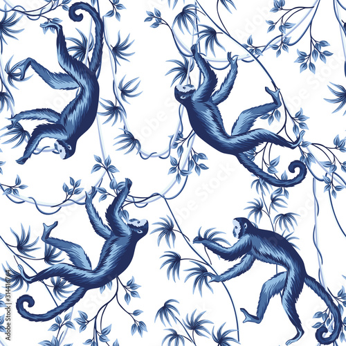 Tropical vintage liana, monkey animals floral seamless pattern white background. Exotic blue jungle wallpaper.