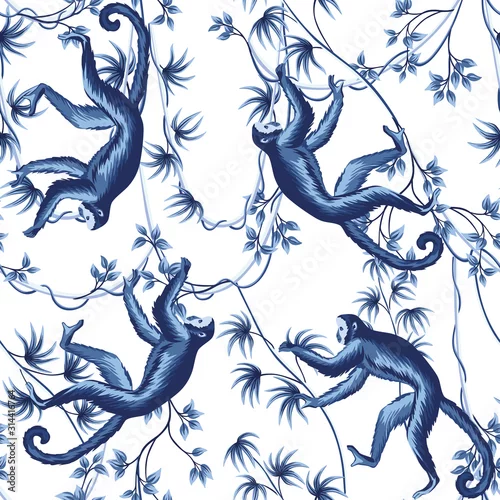 Obraz Tropical vintage liana, monkey animals floral seamless pattern white background. Exotic blue jungle wallpaper.