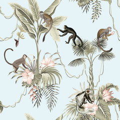 Keuken achterwand Afrikaanse dieren patronen Hawaiiaanse jungle aap hibiscus en palmen  © good_mood