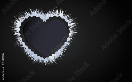 White fluffy heart framed with patterned edge on a black background. The effect of the cut for design dark scrapbooking, postcards. Vector illustration