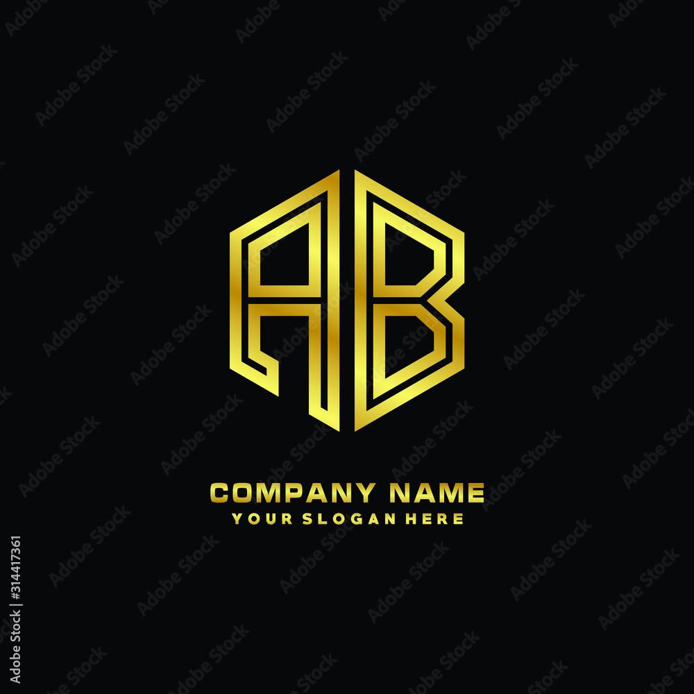 Initial letter AB, minimalist line art monogram hexagon logo, gold color