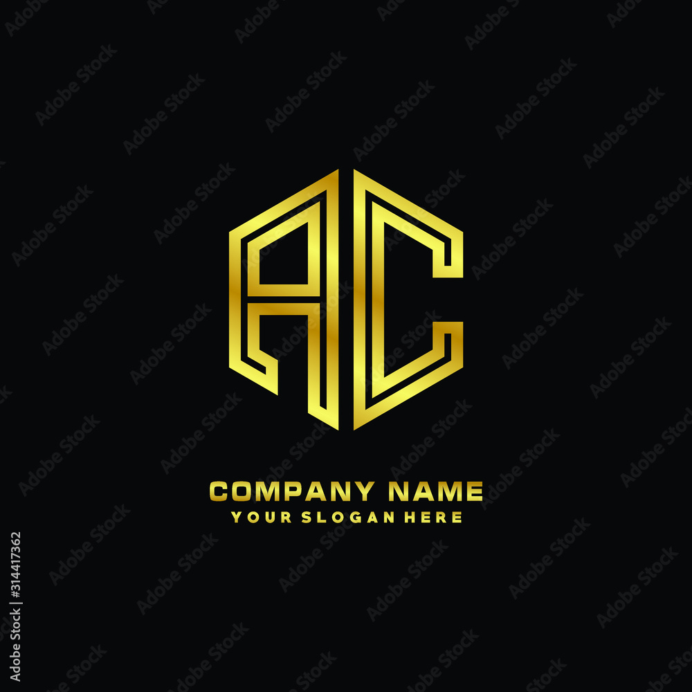 Initial letter AC, minimalist line art monogram hexagon logo, gold color Initial letter AC, minimalist line art monogram hexagon logo, gold color