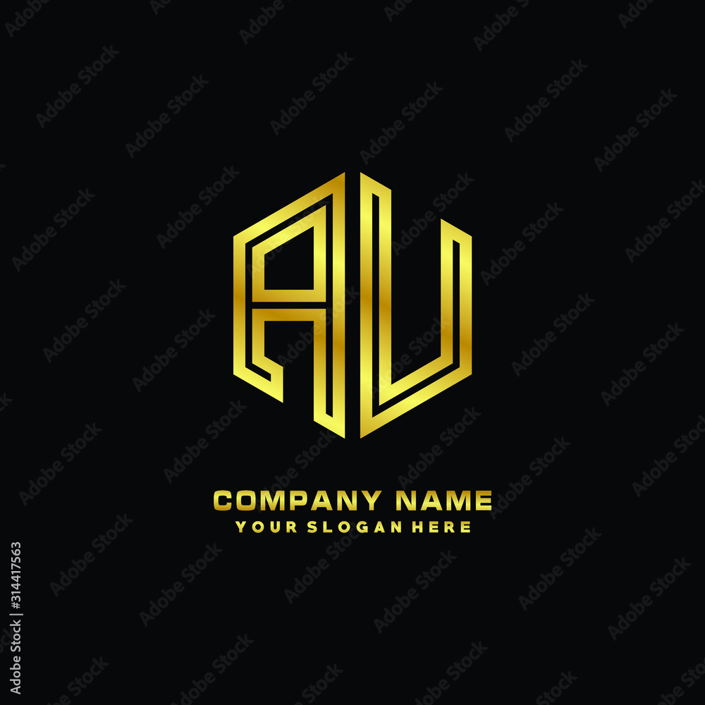 Initial letter AU, minimalist line art monogram hexagon logo, gold color