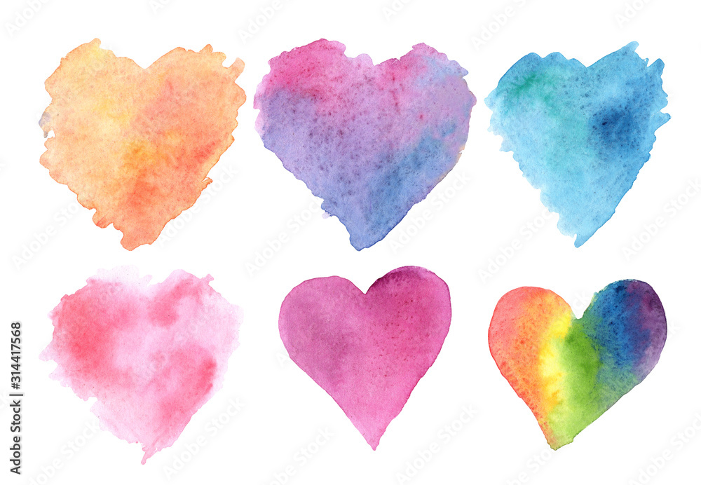 Watercolor illustration set of hearts orange blue pink purple rainbow on a white background. for the holiday Valentine's Day. for design, cards, invitations.
