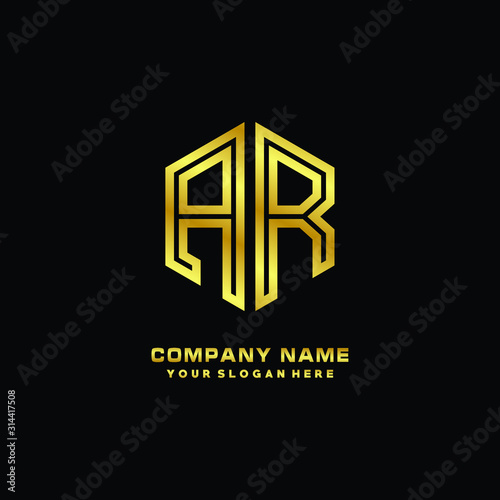 Initial letter AR, minimalist line art monogram hexagon logo, gold color