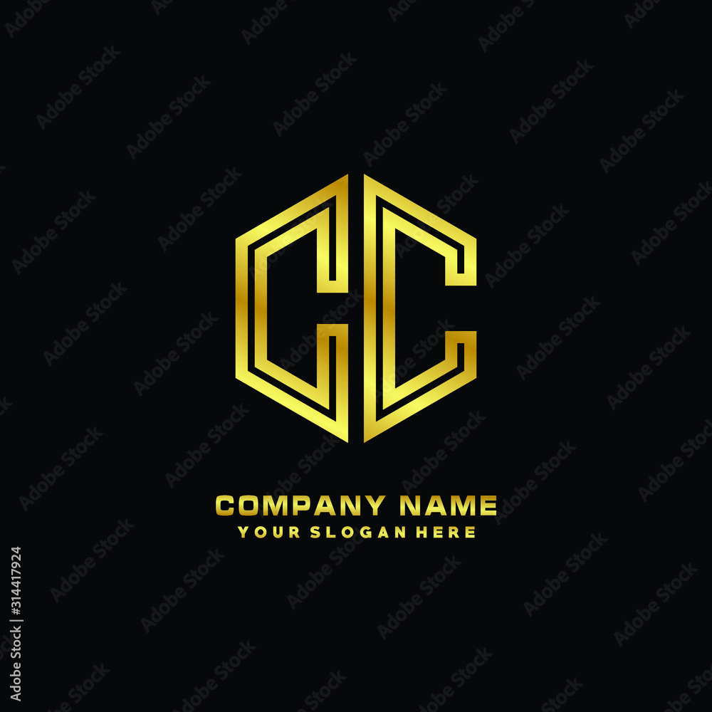 Initial letter CC, minimalist line art monogram hexagon logo, gold color Initial letter CC, minimalist line art monogram hexagon logo, gold color