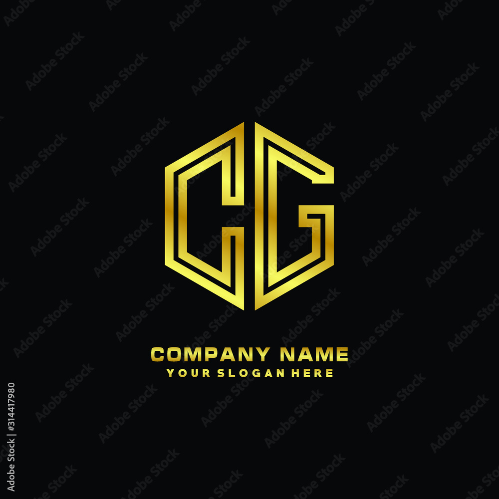 Initial letter CG, minimalist line art monogram hexagon logo, gold color Initial letter CG, minimalist line art monogram hexagon logo, gold color