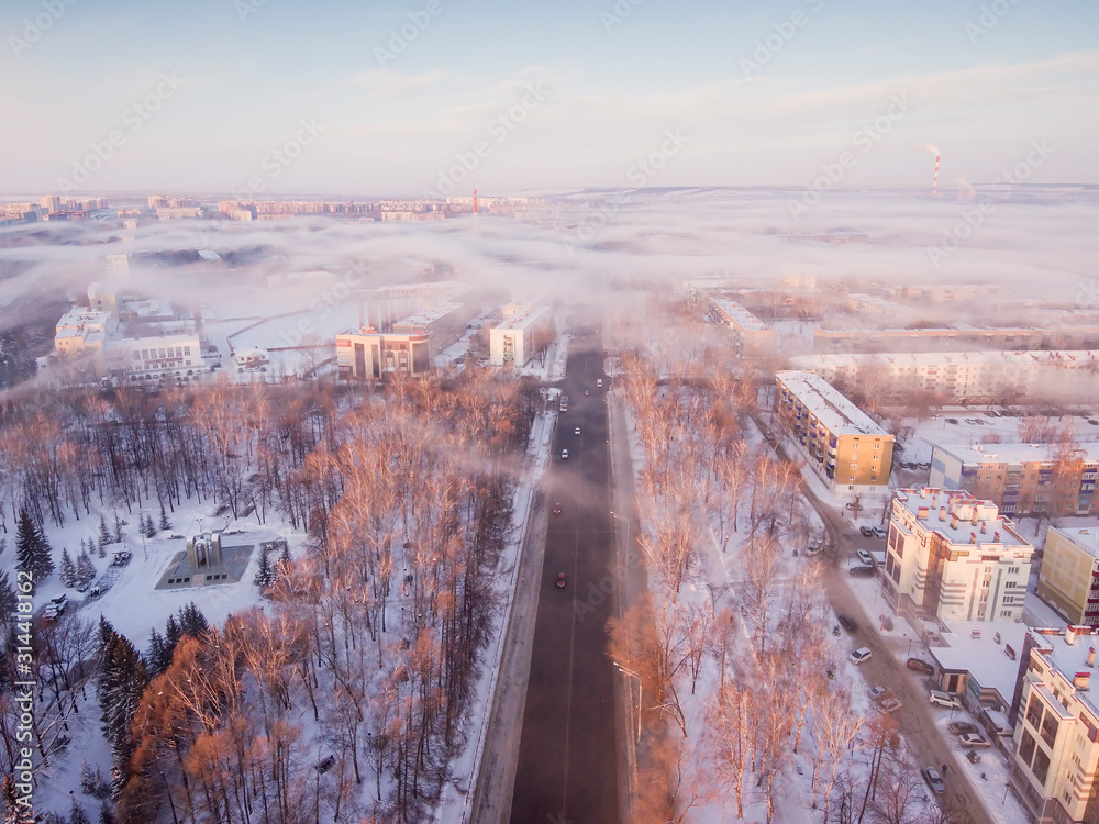 Sterlitamak. An industrial city in the winter. Smog over the city.