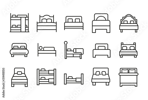 Set of bed related vector line icons.