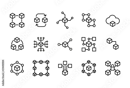 Set of blockchain related vector line icons.