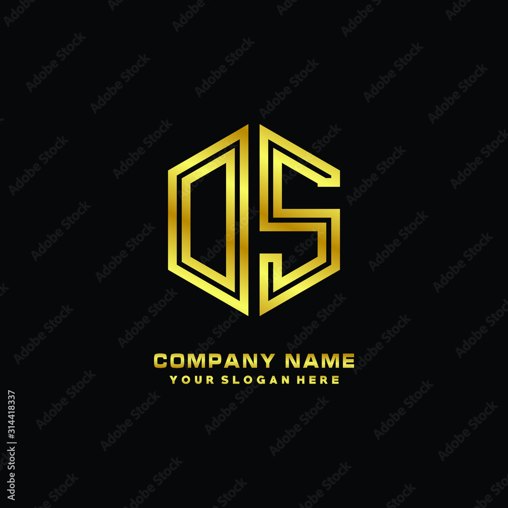 Initial letter DS, minimalist line art monogram hexagon logo, gold color Initial letter DS, minimalist line art monogram hexagon logo, gold color