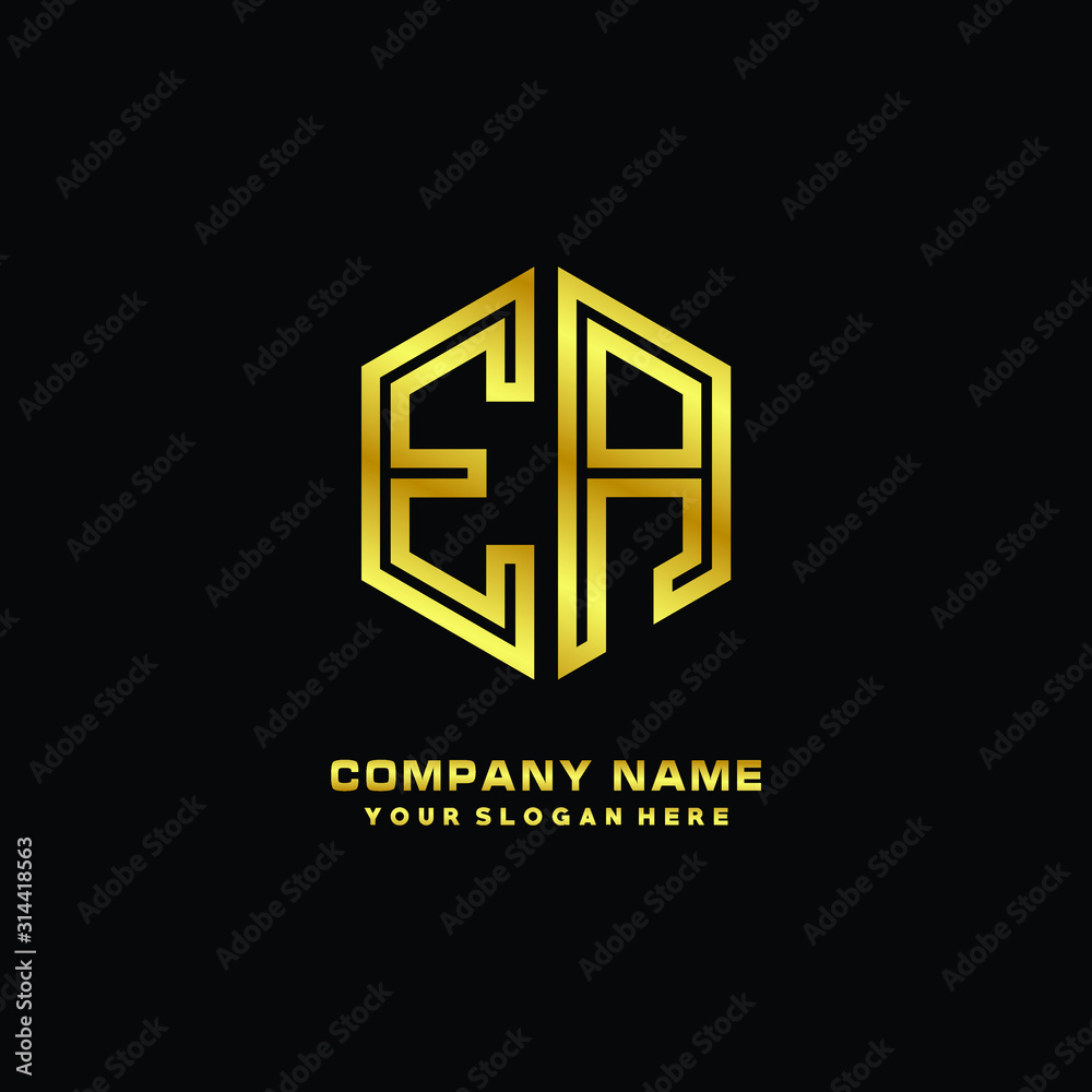 Initial letter EA, minimalist line art monogram hexagon logo, gold color Initial letter EA, minimalist line art monogram hexagon logo, gold color