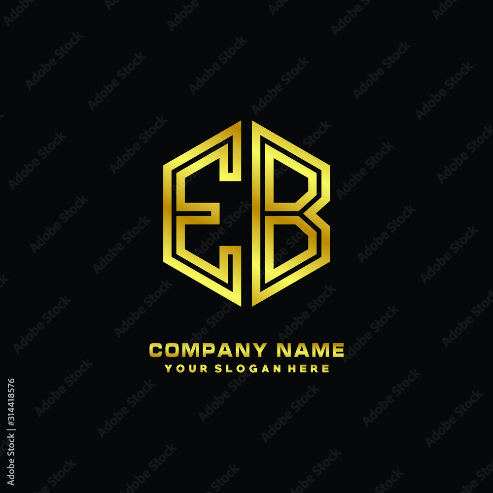 Initial letter EB, minimalist line art monogram hexagon logo, gold color Initial letter EB, minimalist line art monogram hexagon logo, gold color