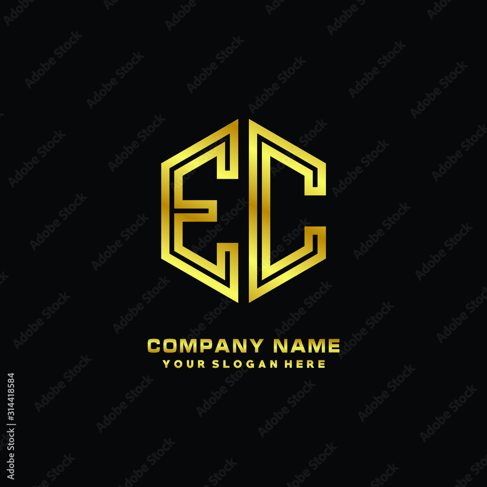 Initial letter EC, minimalist line art monogram hexagon logo, gold color Initial letter EC, minimalist line art monogram hexagon logo, gold color