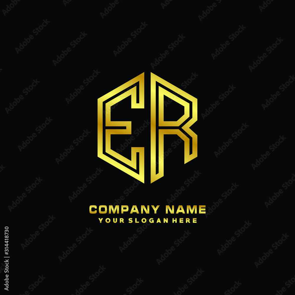 Initial letter ER,minimalist line art monogram hexagon logo, gold color Initial letter ER,minimalist line art monogram hexagon logo, gold color