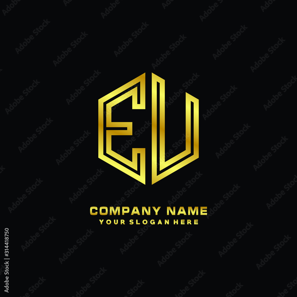 Initial letter EU, minimalist line art monogram hexagon logo, gold color Initial letter EU, minimalist line art monogram hexagon logo, gold color