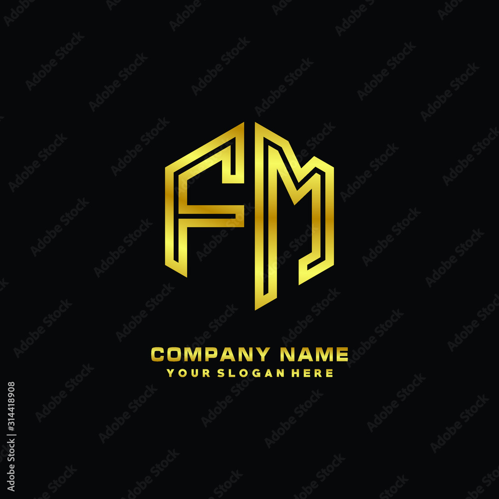 Initial letter FM, minimalist line art monogram hexagon logo, gold color