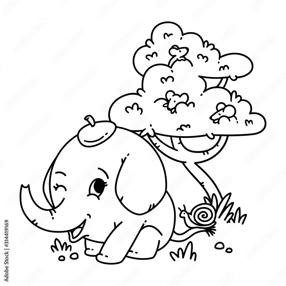 Fototapeta Słoń w kapeluszu ze ślimakiem na ogonie i myszką na drzewie. Kreskówka wektor znak zwierzę ilustracja na białym tle. Do kolorowania strony i książki.