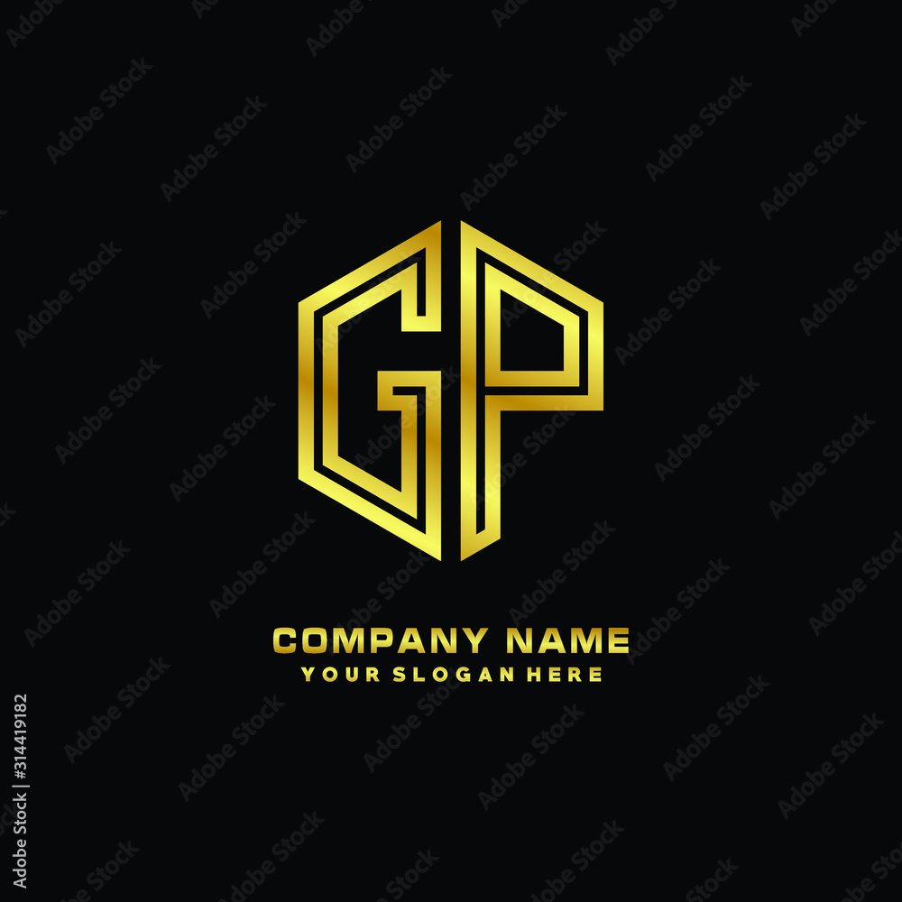 Initial letter GP, minimalist line art monogram hexagon logo, gold color Initial letter GP, minimalist line art monogram hexagon logo, gold color