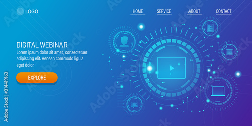 Digital webinar, online video training, internet business technology  - Hud design concept with blue background.