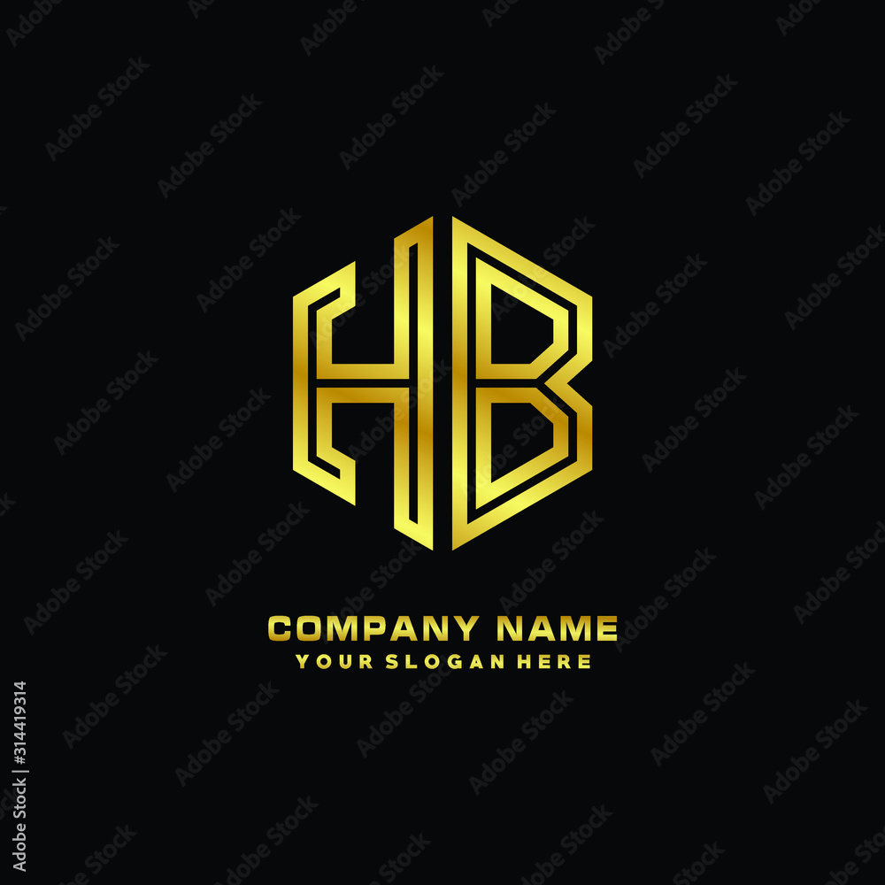 Initial letter HB, minimalist line art monogram hexagon logo, gold color Initial letter HB, minimalist line art monogram hexagon logo, gold color