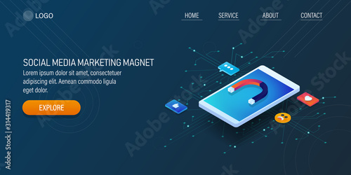 Inbound marketing, social media marketing and magnet on mobile phone screen concept with icons. Web banner template.