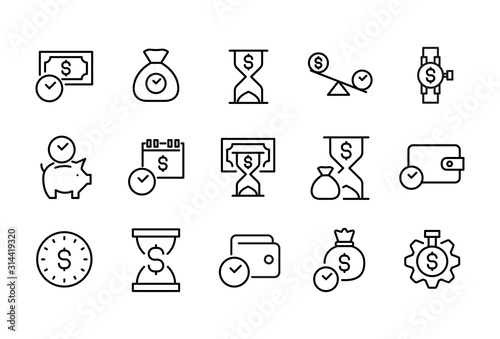 Set of time is money related vector line icons.