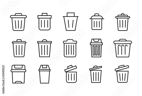 Set of trash can related vector line icons.
