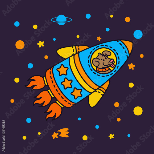 Dog in a rocket spaceship. Star galaxy. Cute cosmonaut dog in outer space. Vector illustration on the space theme in childish style.