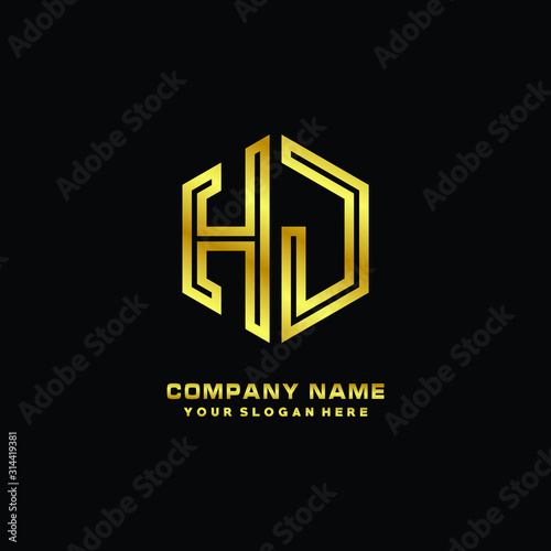 Initial letter HJ, minimalist line art monogram hexagon logo, gold color