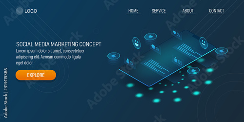 Social media marketing, smartphone with social icons, neon concept. Web banner template.