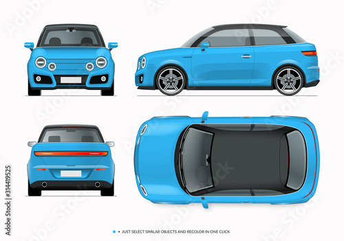 Modern compact city car mockup. Side, top, front and rear view of realistic small noname car isolated on white background.