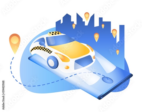 Mobile phone ordering taxi in city location illustration. Vector smartphone online service app concept. Isolated stock mobile isometric car and GPS route point on touchscreen, display. Urban traffic.