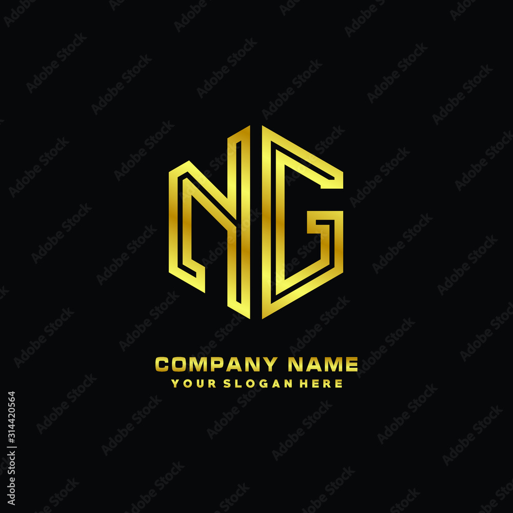 Initial letter NG, minimalist line art monogram hexagon logo, gold color