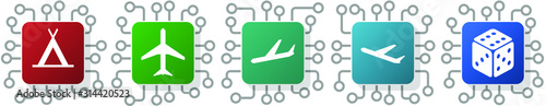 Set of plane, aircraft, tent and casino icons for webdesign and mobile applications, cpu, chip concept vector illustration