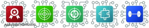 Set of winner, puzzle, dumbbell, sport and dart icons for webdesign and mobile applications, cpu, chip concept vector illustration