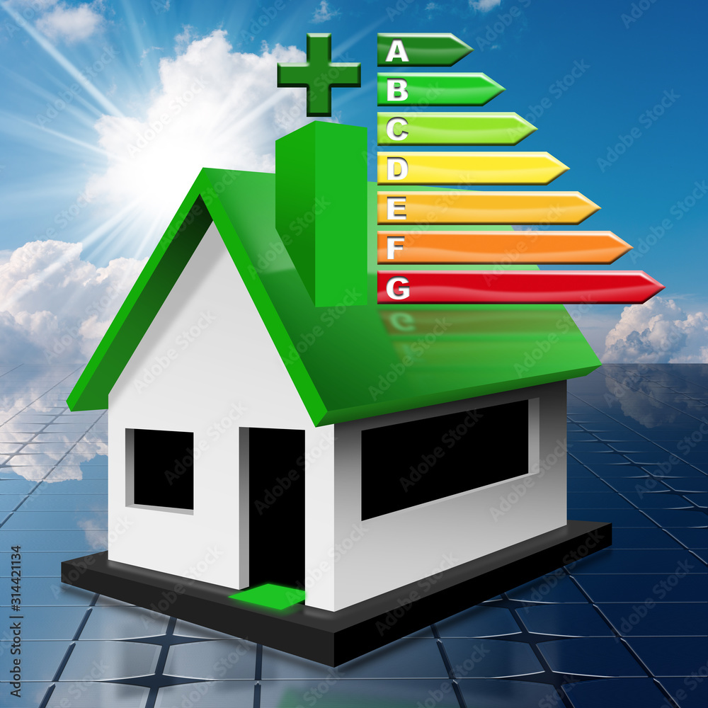 Picture of House energy efficiency rating. 3d illustration of a residential ...