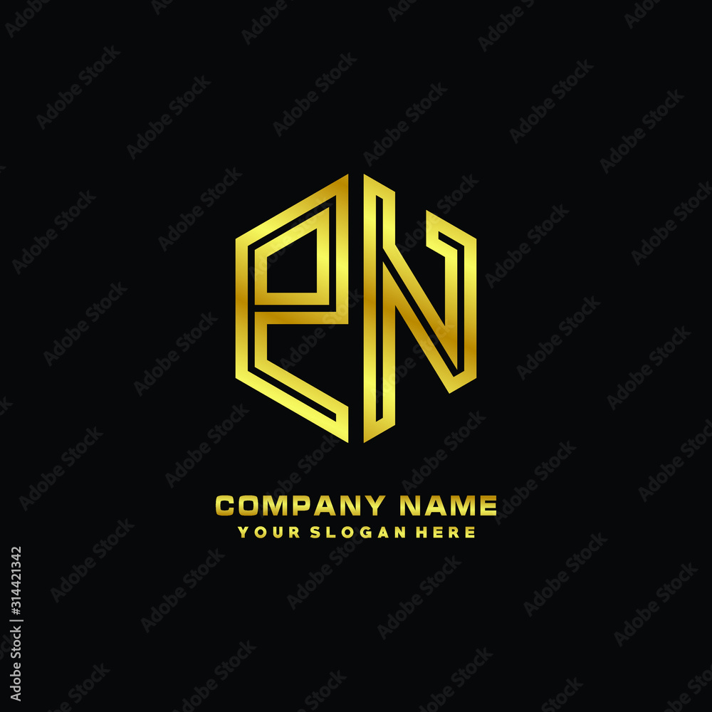 Initial letter PN, minimalist line art monogram hexagon logo, gold color