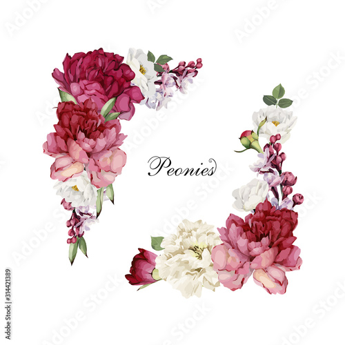 Greeting card with peonies, watercolor, can be used as invitation card for wedding, birthday and other holiday and  summer background. Vector illustration.