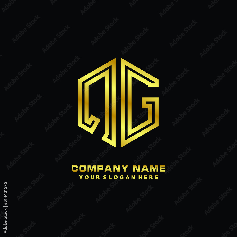 Initial letter QG, minimalist line art monogram hexagon logo, gold color Initial letter QG, minimalist line art monogram hexagon logo, gold color