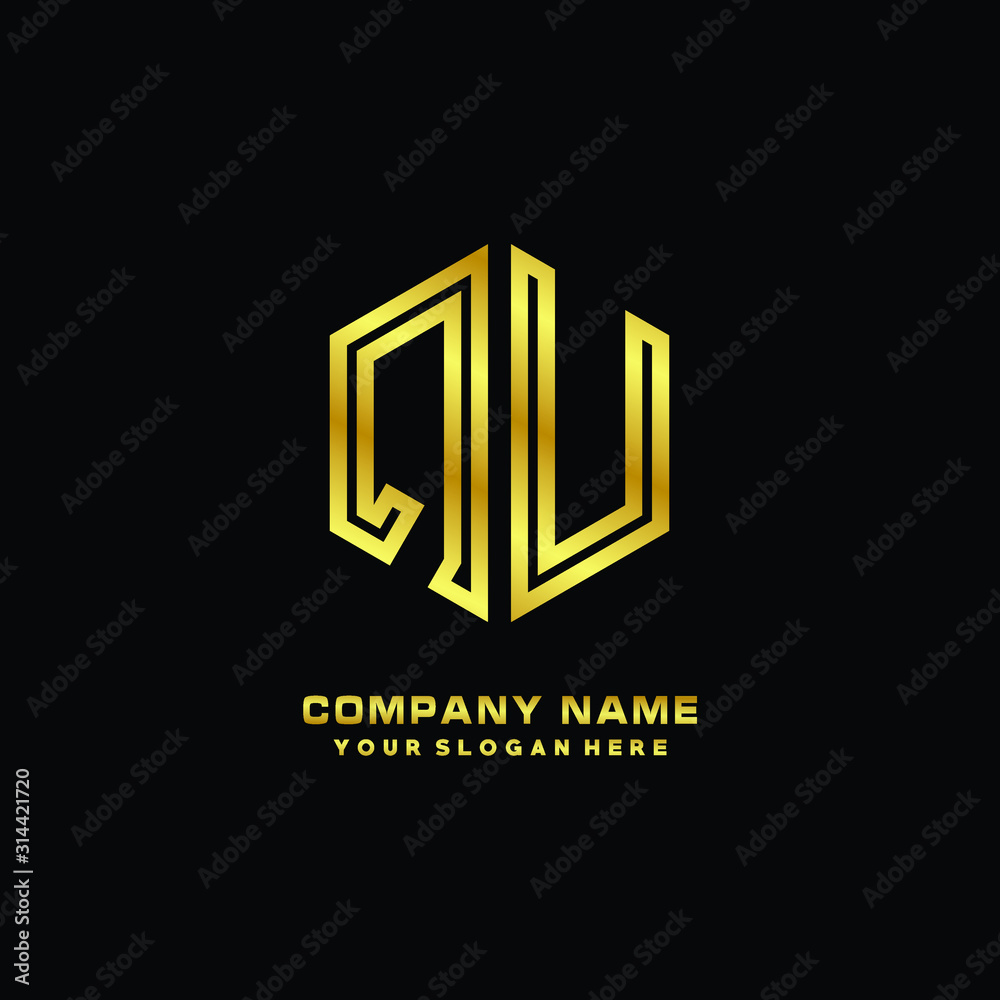 Initial letter QU, minimalist line art monogram hexagon logo, gold color Initial letter QU, minimalist line art monogram hexagon logo, gold color