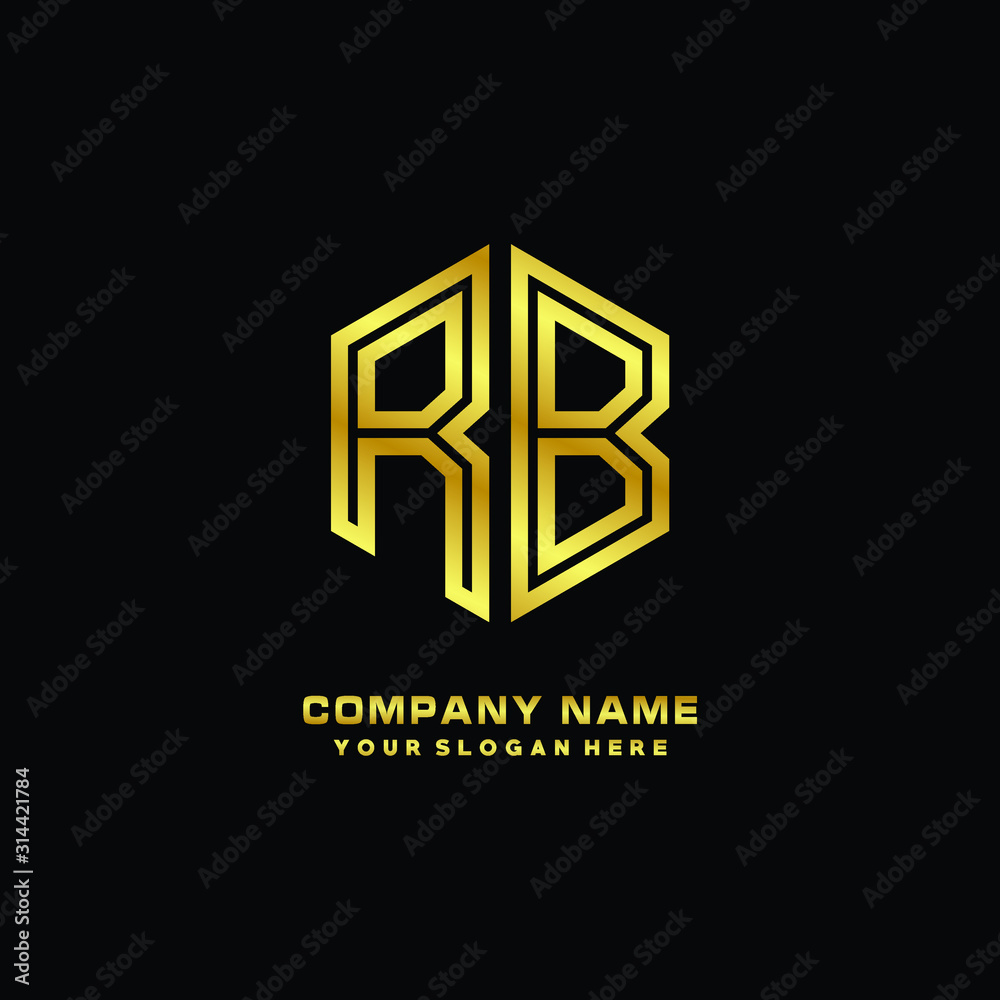 Initial letter RB, minimalist line art monogram hexagon logo, gold color Initial letter RB, minimalist line art monogram hexagon logo, gold color