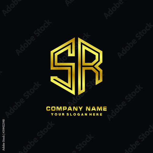 Initial letter SR  minimalist line art monogram hexagon logo  gold color