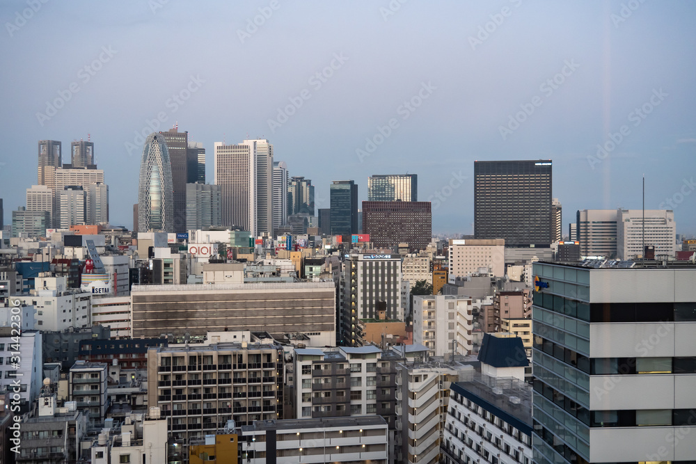 Japan / Tokyo - October 30 2019:  Shinjuku skyscraper skyline building top view in the morning. Japan city urbanscape real estate.