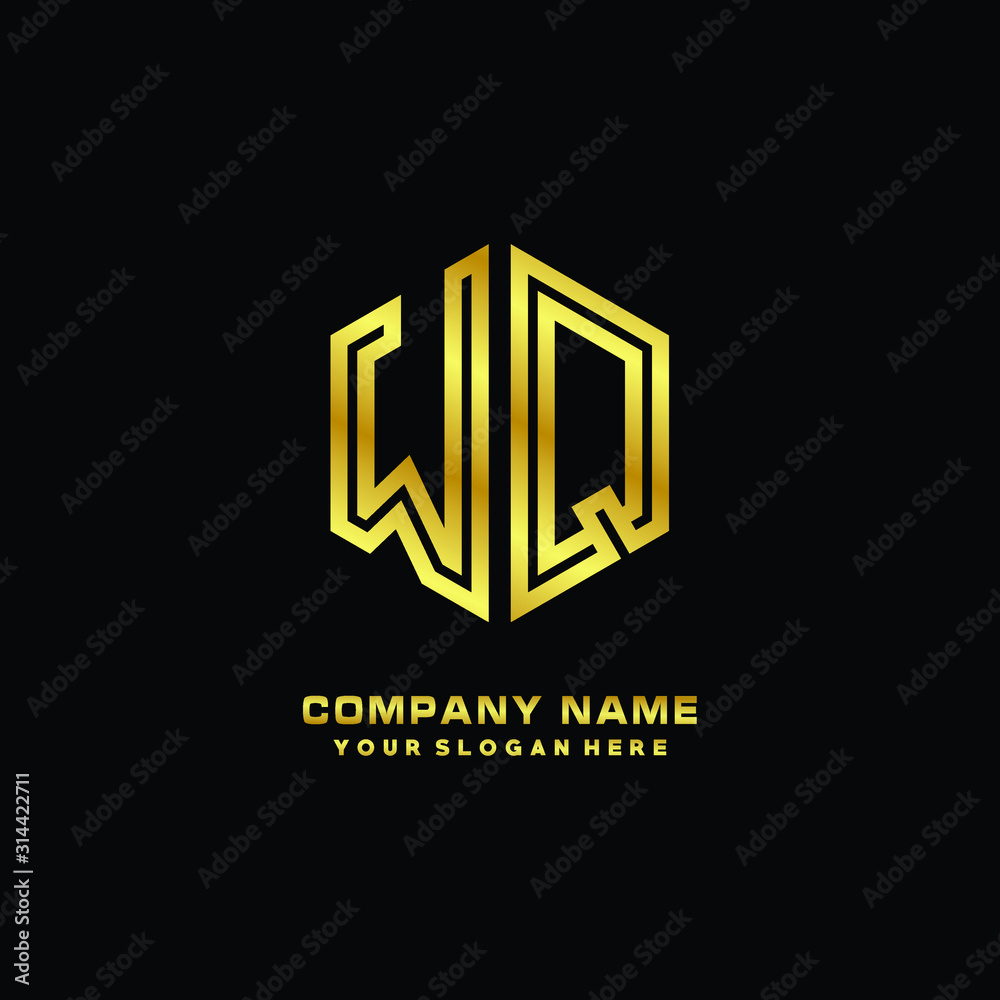 Initial letter WQ, minimalist line art monogram hexagon logo, gold color Initial letter WQ, minimalist line art monogram hexagon logo, gold color